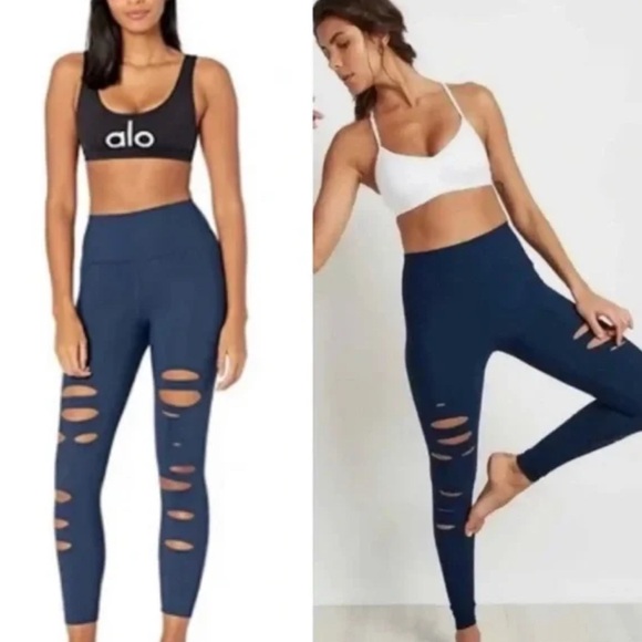 ALO YOGA RIPPED WARRIOR LEGGINGS WOMEN’S SIZE SMALL BLUE - Picture 2 of 10